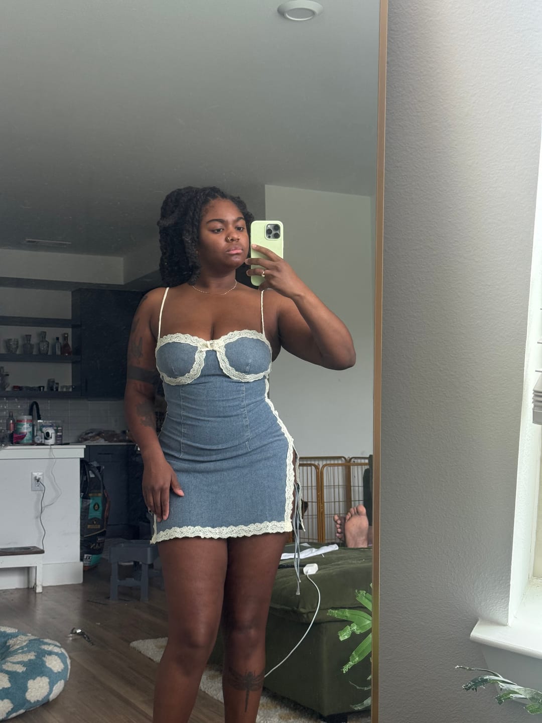 Customer photo review of Jezebel Denim Mini Dress With Lace Trim