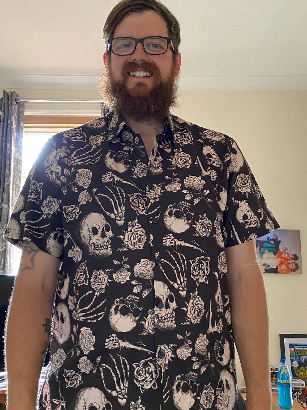 Customer photo review of Men's Skull Rose Floral Punk Rock and Roll Cool Button Up Shirt