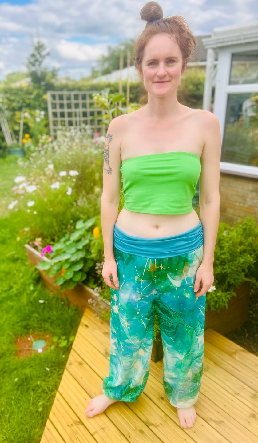 Customer photo review of Buddha Stones Koi Fish Lotus Moon Stars Pattern Women's Elastic Waist Harem Pants