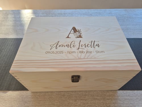 Customer photo review of Floral Monogram with birth details Engraved Pine Box (Pre-Order)