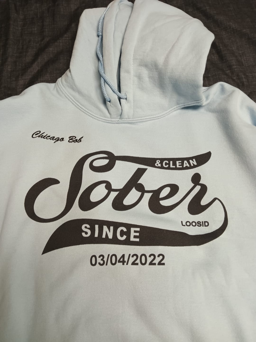 Customer photo review of Recovery Hoodie | Sober Since Unisex Hoodie with Custom Sobriety Date