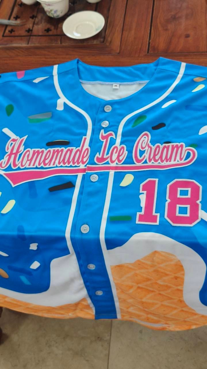 Customer photo review of Custom Powder Blue Ice Cream Cone Graffiti Pattern Fashion Authentic Baseball Jersey