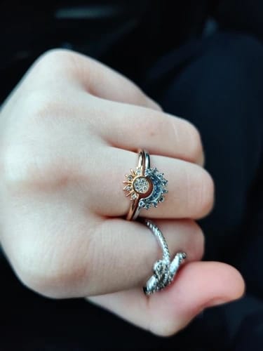 Customer photo review of Brietta Celestial Sun & Moon Ring Set - Hand-Finished 14k Gold-Plated Stackable Jewelry