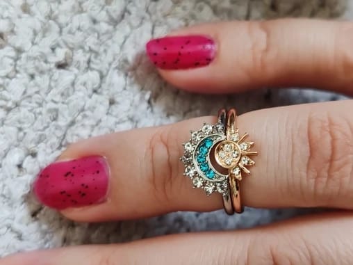 Customer photo review of Brietta Celestial Sun & Moon Ring Set - Hand-Finished 14k Gold-Plated Stackable Jewelry