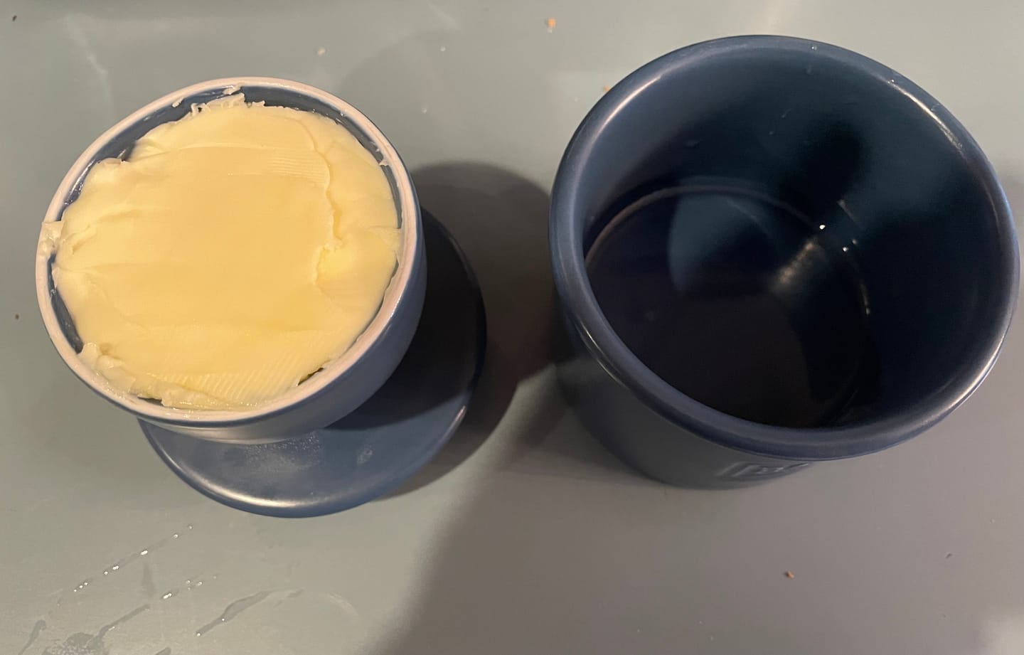 Customer photo review of Navy Matte Cafe Butter Bell Crock