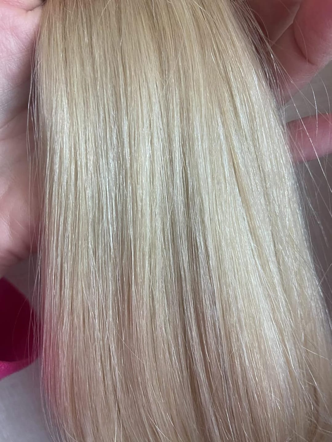 Customer photo review of Flat Silk Weft Hair Extensions Virgin Hair Weft Extensions Platinum Blonde #60