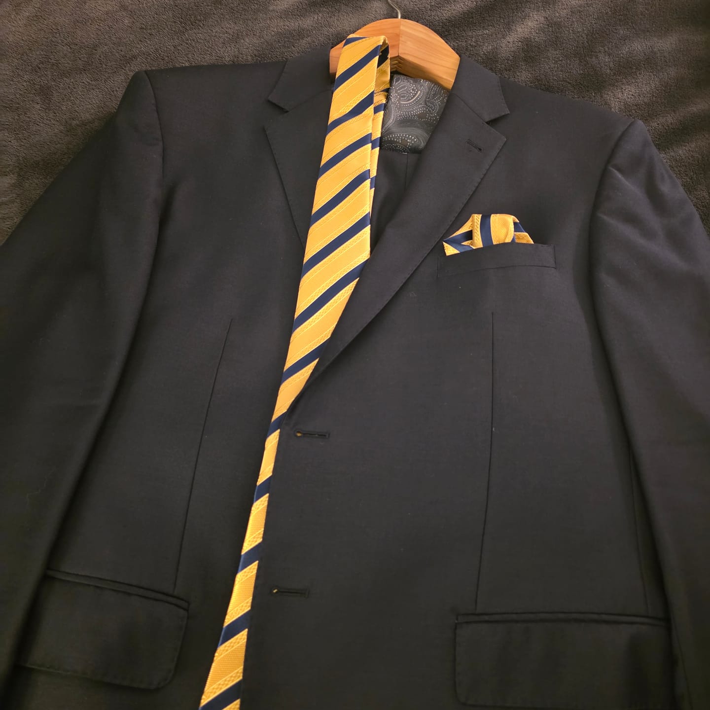 Customer photo review of Gold and Navy Striped Silk Tie, Pocket Square and Cufflinks