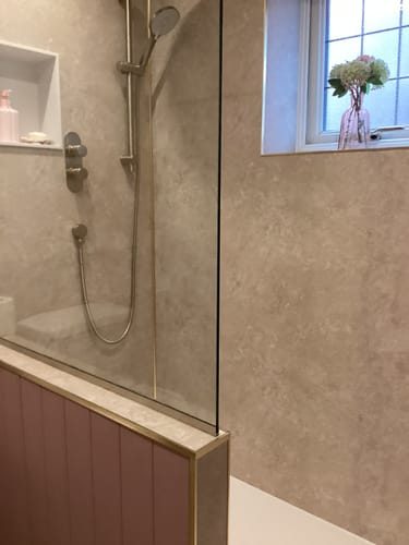 Customer photo review of Premium Beige Concrete Matt Shower Wall Panel – 1M x 2.4M