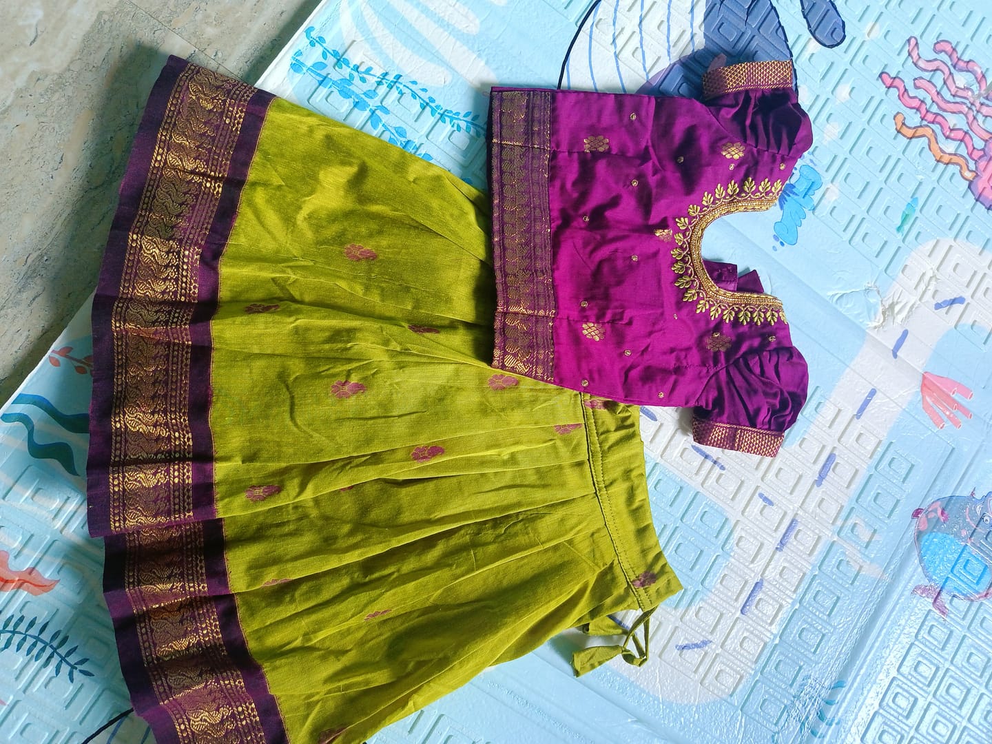 Customer photo review of Green and Wine Kids Langa Blouse – Traditional Zari Border Cotton Dress for Baby Girl