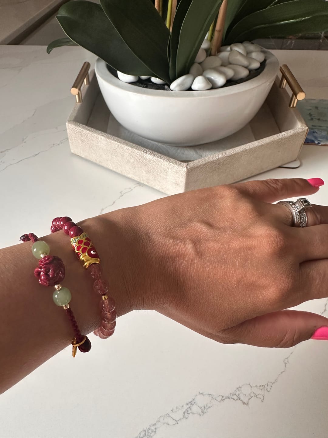 Customer photo review of Buddha Stones Natural Cinnabar Chinese Zodiac Hetian Jade Fu Character Luck Rope Bracelet
