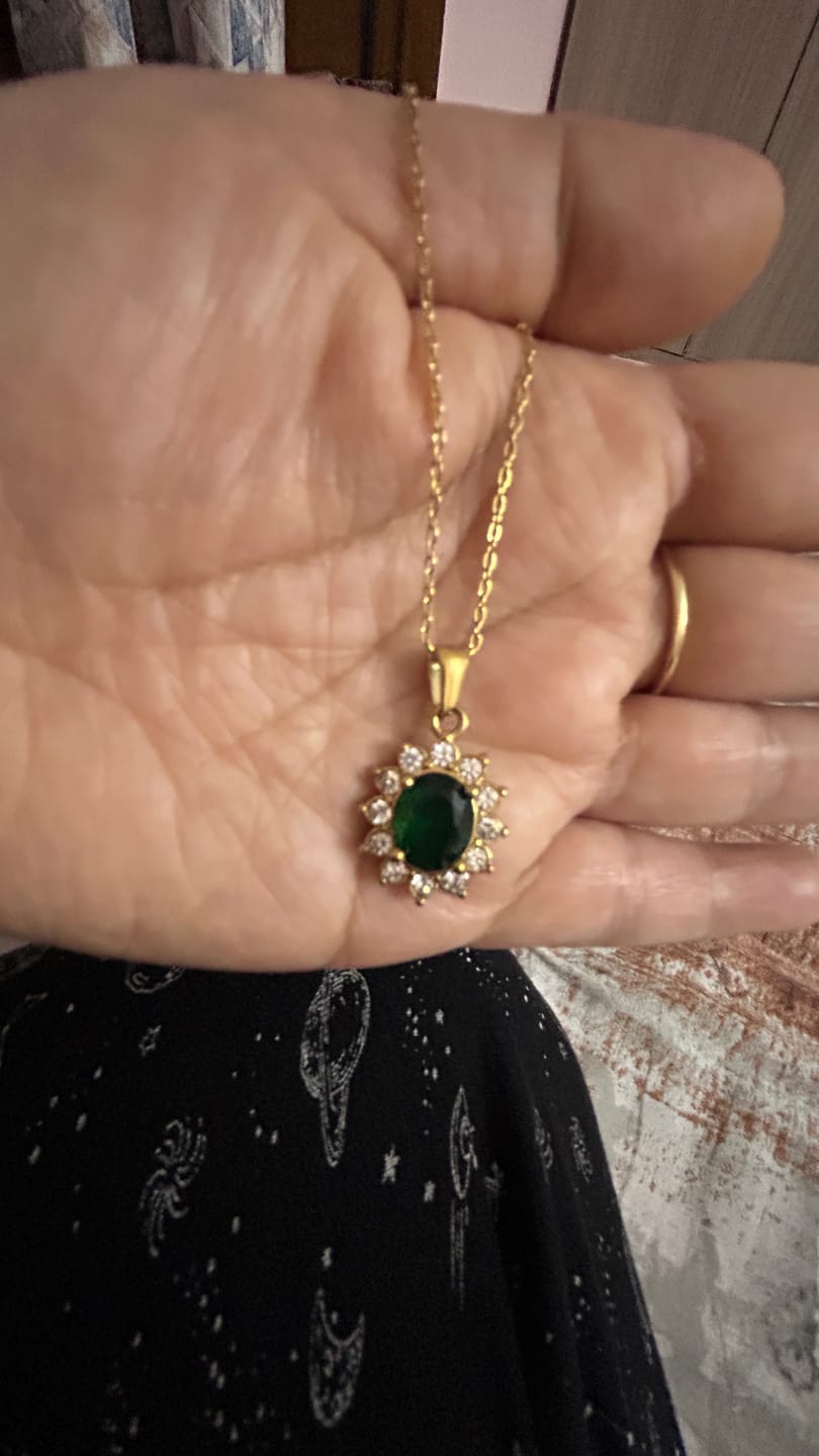 Customer photo review of Green Sapphire and Diamond Halo Pendant
