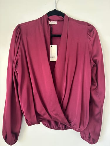 Customer photo review of Margot Satin Blouse | Burgundy