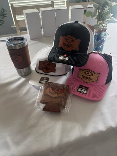 Customer photo review of Custom Leather Koozies Can Cooler Sleeves Neoprene Authentic Leather Patch