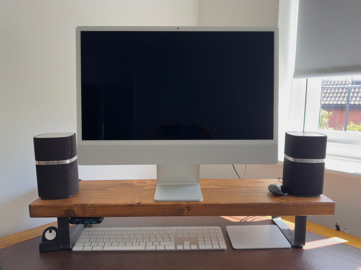 Customer photo review of Rustic Monitor Stand | Metal Sides
