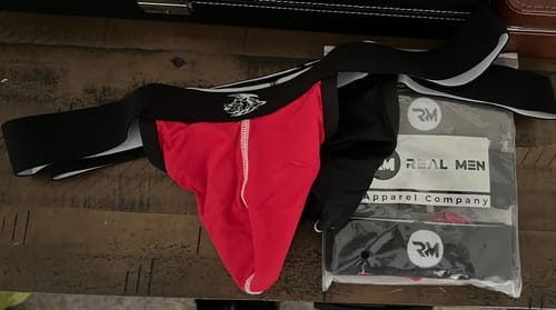 Customer photo review of Nylon 0in Strapless Jocks No Fly 3pk Gunmetal Gray/Red/White