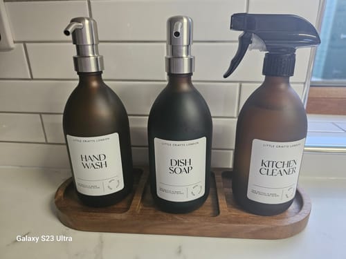 Customer photo review of Spray and Pump Set of 3 Reusable Frosted Amber Glass Bottles 500 ML