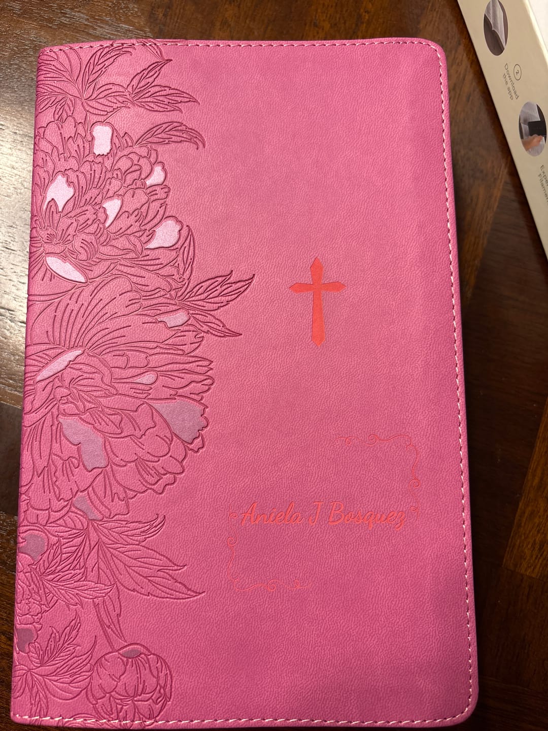 Customer photo review of Personalized NLT Giant Print Bible - Peony Pink INDEXED - Engraved Cross Frame