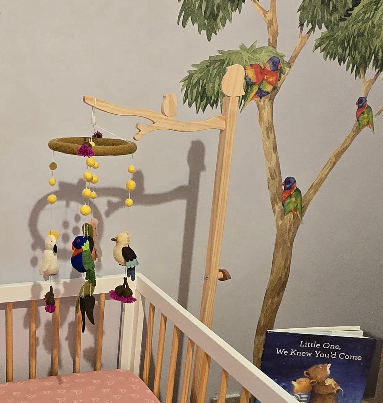 Customer photo review of Baby Cot Mobile - Australian Birds - Cockatoo, Lorikeet, Galah and Kookaburra