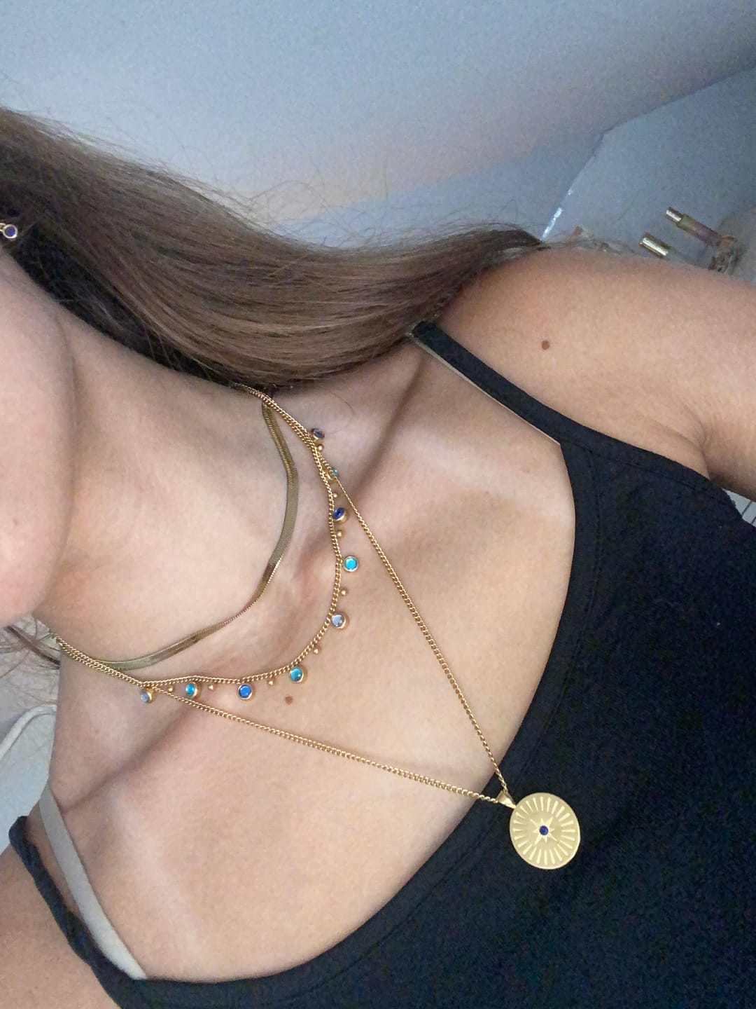 Customer photo review of Grace Multi-Tone Droplet Necklace Blue & Gold