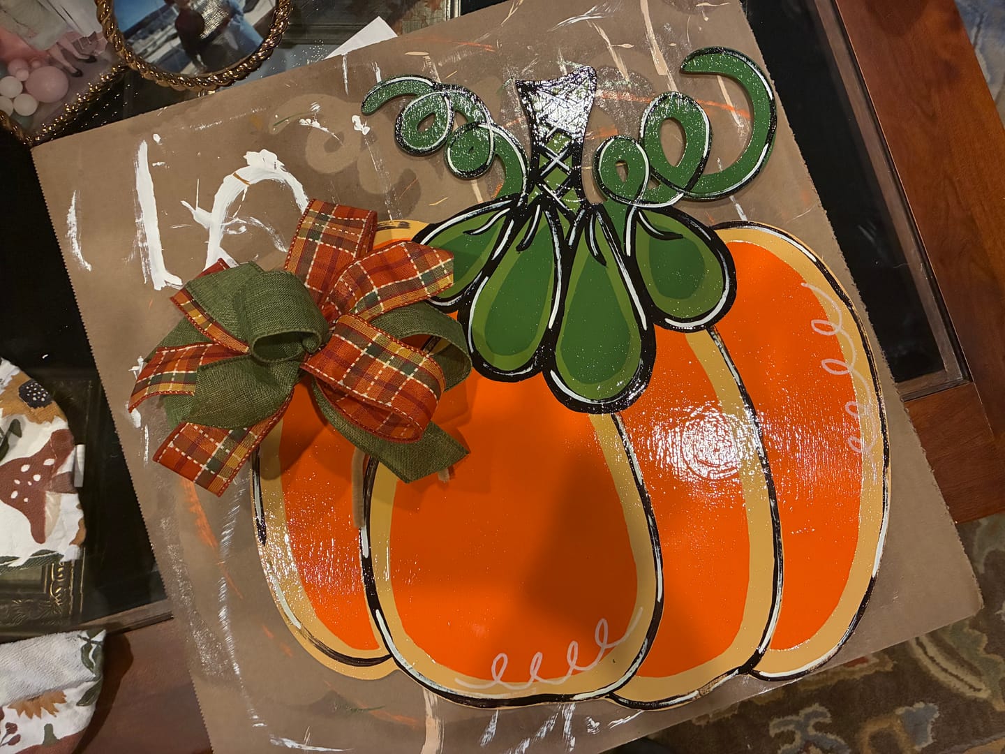 Customer photo review of Unfinished Wood Pumpkin with Vines Shape | DIY Craft Cutout | up to 46" DIY