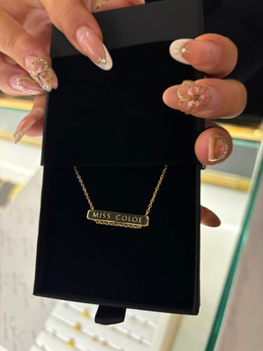 Customer photo review of 3cm Letter Bar Necklace in Gold Horizontal
