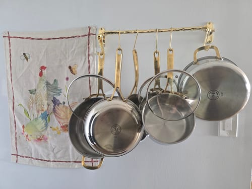 Customer photo review of Unlacquered Solid Brass Pot Rail With Hooks , Vintage Pot Hangers for Kitchen