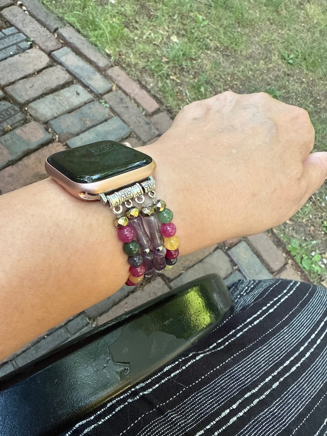 Customer photo review of Mosaic Amethyst Stretch Apple Watch Strap