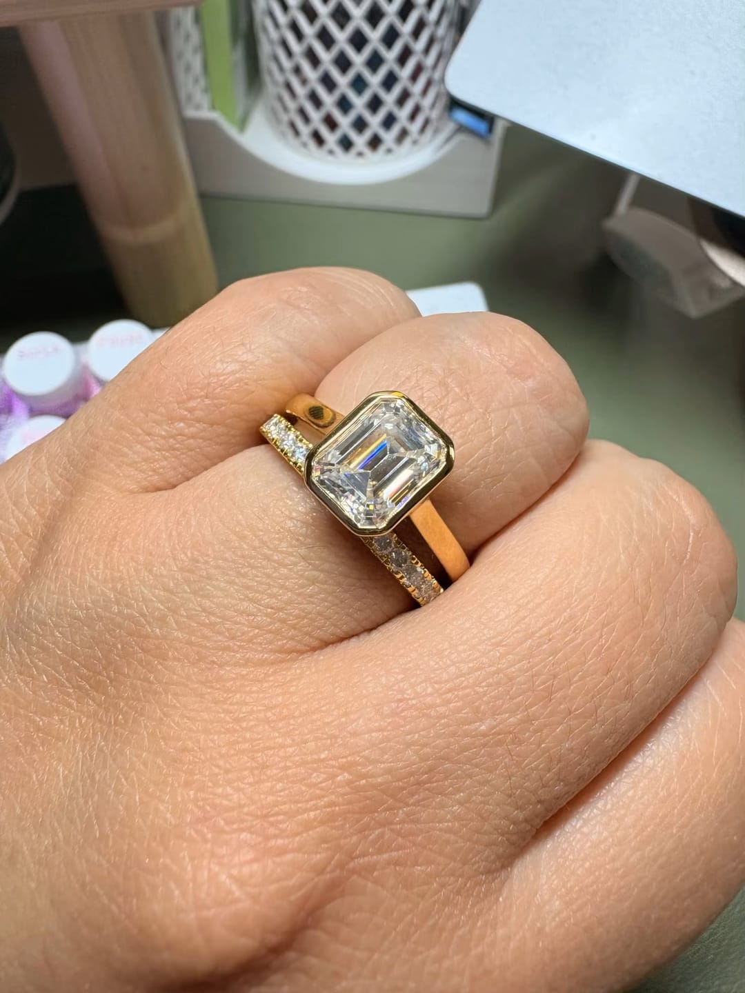 Customer photo review of 3 Carat Emerald Cut Engagement Ring - Cathedral Setting - Moissanite | Luxury Collection - Tarnish Resistant