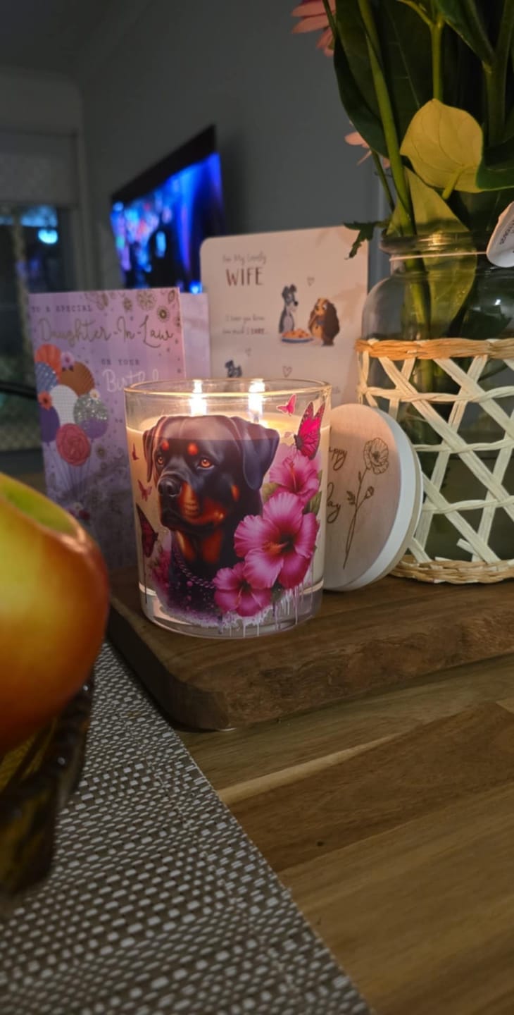 Customer photo review of Rottweiler Pink Hibiscus Xlarge Candle