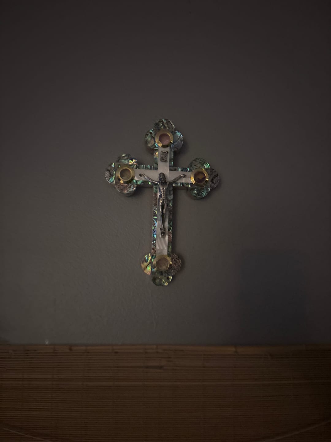 Customer photo review of Olive Wood Crucifix (Fully covered with Mother of Pearl) - Holy Land Crucifixes