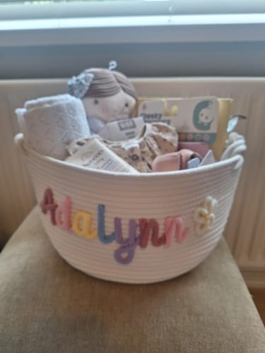 Customer photo review of Baby Knits™  Multicolor Personalized Knitted Basket