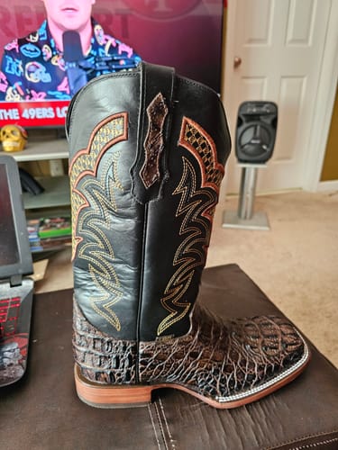 Customer photo review of Chocolate Brown Caiman Neck Leather Boots - Square Toe