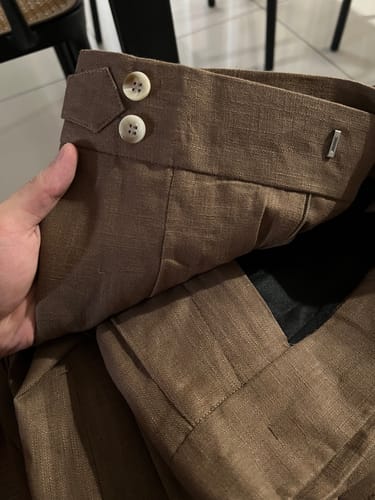 Customer photo review of Trousers With Side Adjusters -  Linen Olive Brown Plain (Wide Fit)