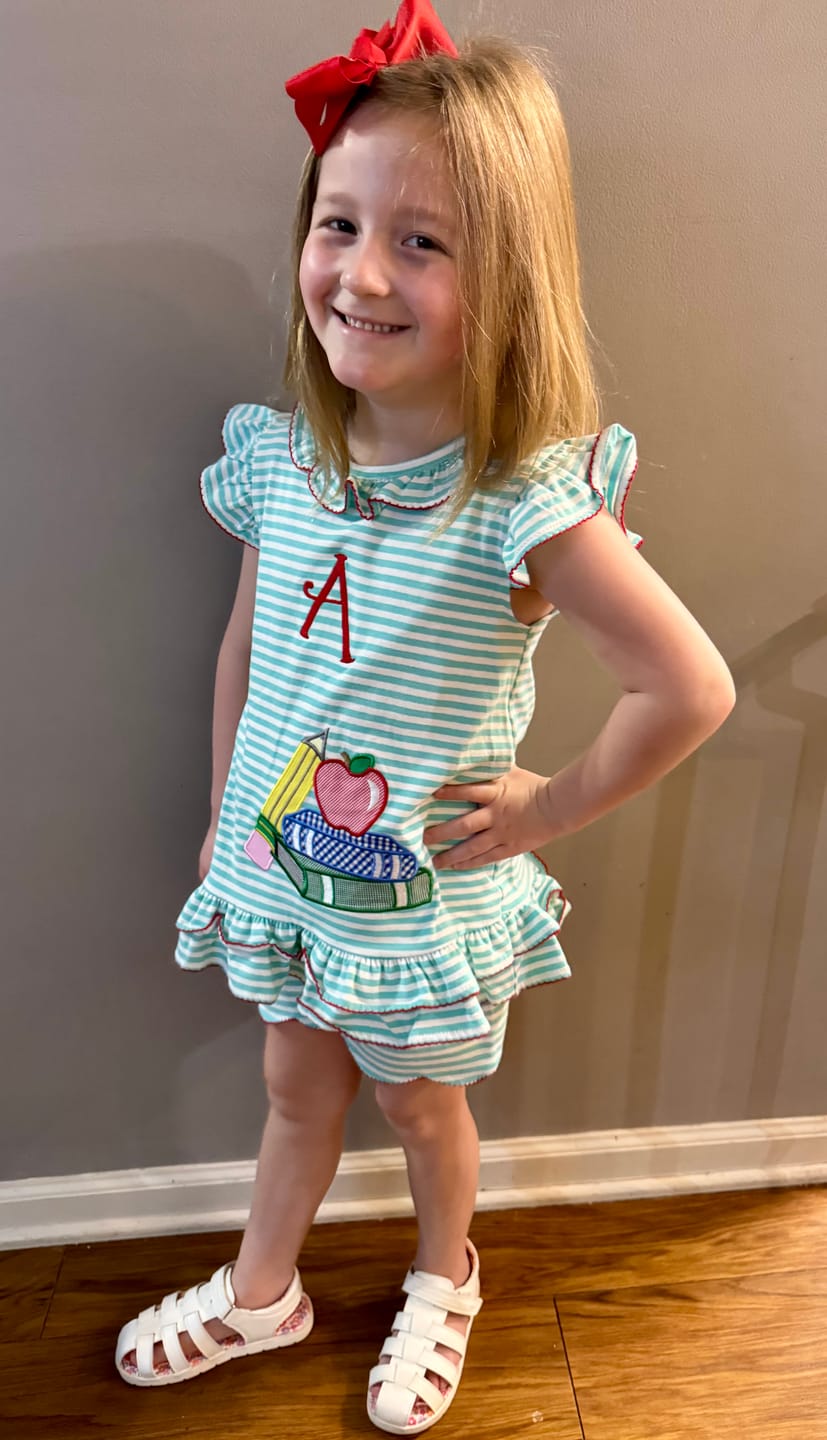 Customer photo review of School Book Turquoise Stripe Adalyn Short Set