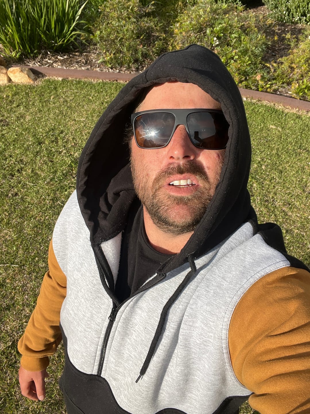Customer photo review of Black, Grey & Sandy Taupe | Half Zip Long Tail Hoody