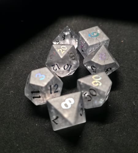 Customer photo review of Black Inked Lightning Cracked Glass DND Dice Set