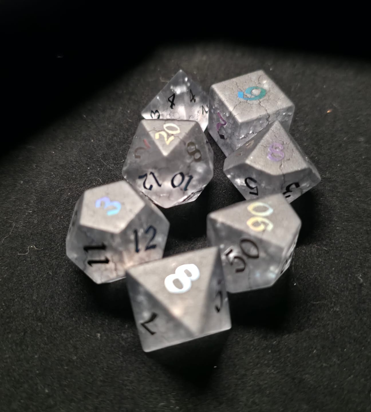 Customer photo review of Black Inked Lightning Cracked Glass DND Dice Set