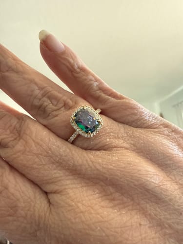 Customer photo review of Louily Unique Yellow Gold Halo Cushion Cut Alexandrite Engagement Ring In Sterling Silver