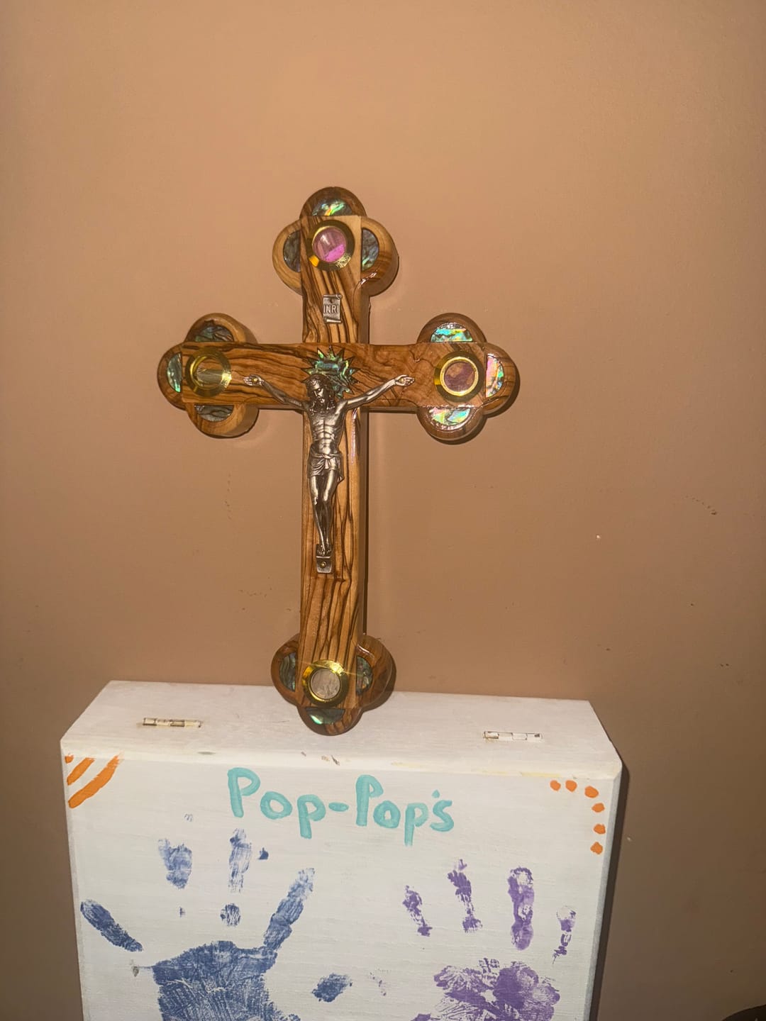 Customer photo review of Olive Wood Crucifix (Partially covered with Mother of Pearl) - Holy Land Crucifixes