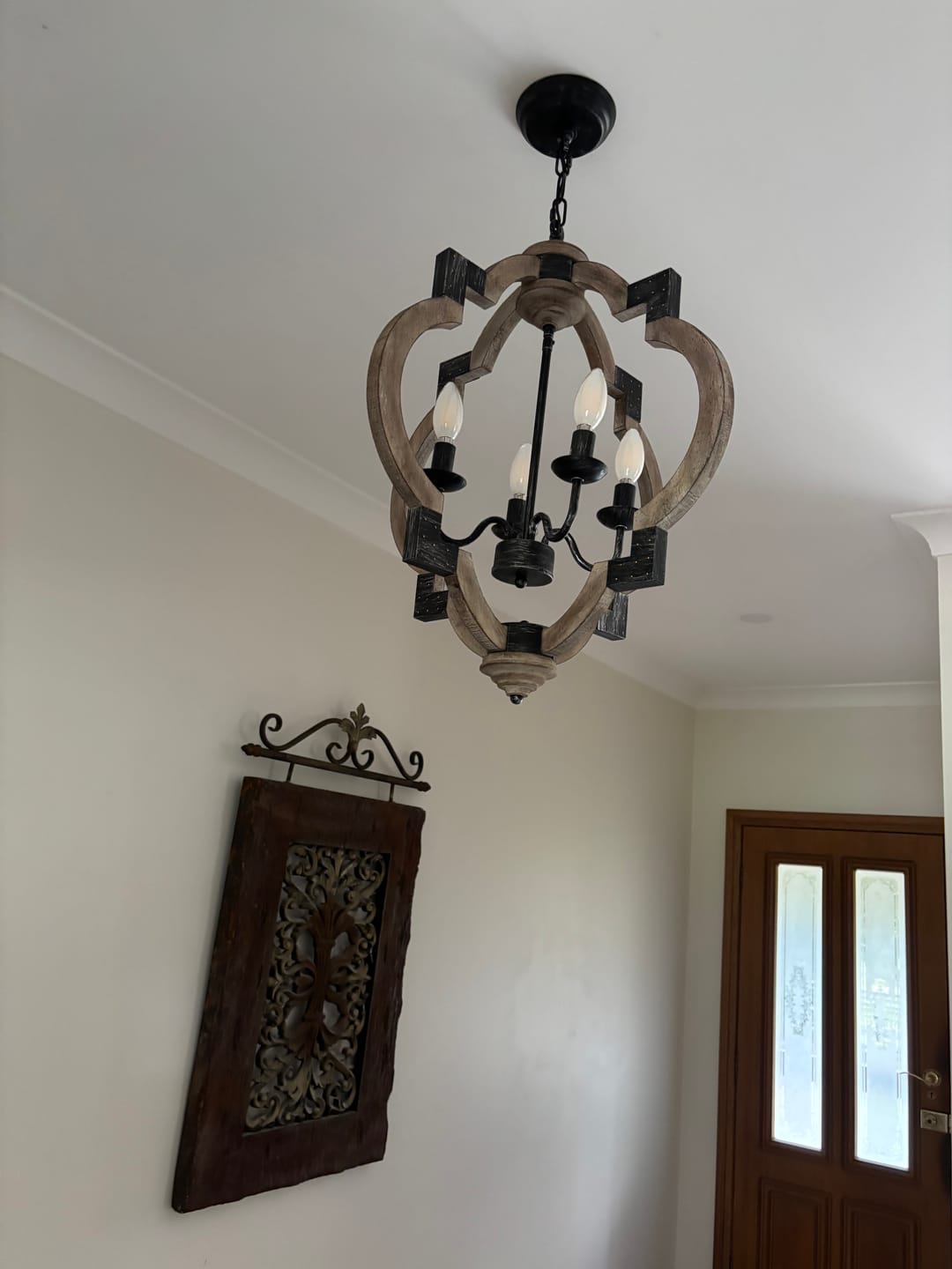 Customer photo review of Farmhouse Rustic 4-Light Wood Round Lantern Pendant Light