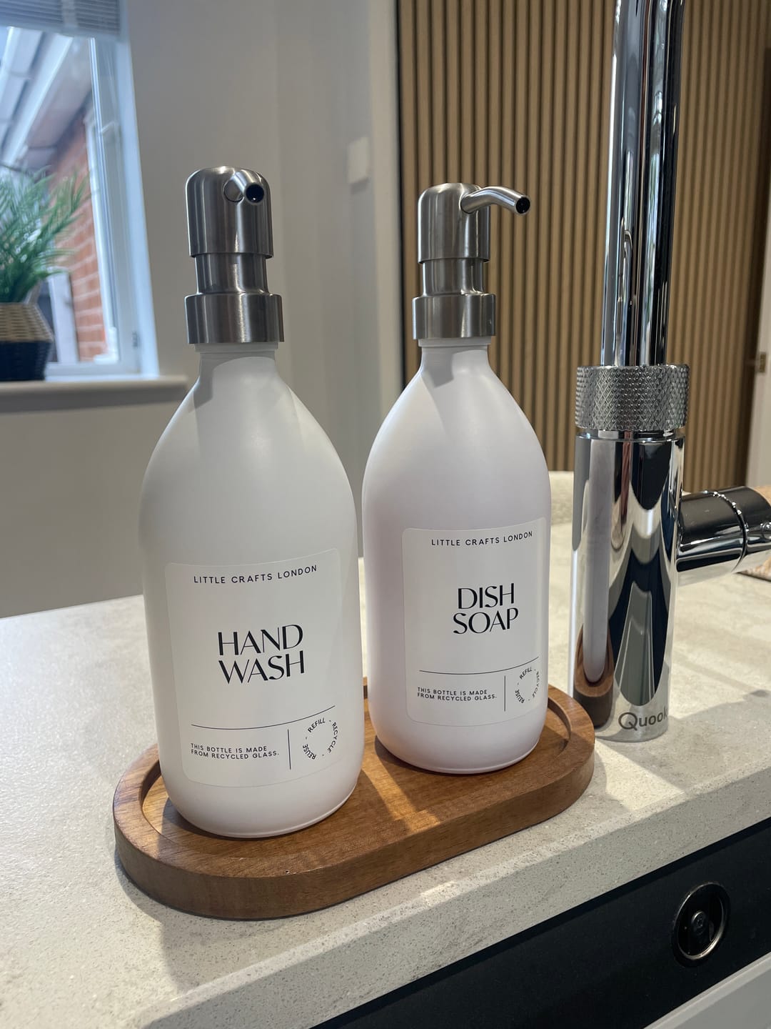 Customer photo review of Set of 2 Milky White Glass Bottle 500 ML with Stainless Steel Pump & Small Tray (White Label)