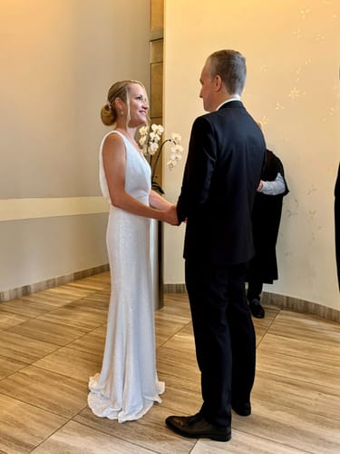 Customer photo review of Sun White Sequin Cowl Back Gown by Theia Couture - RENTAL