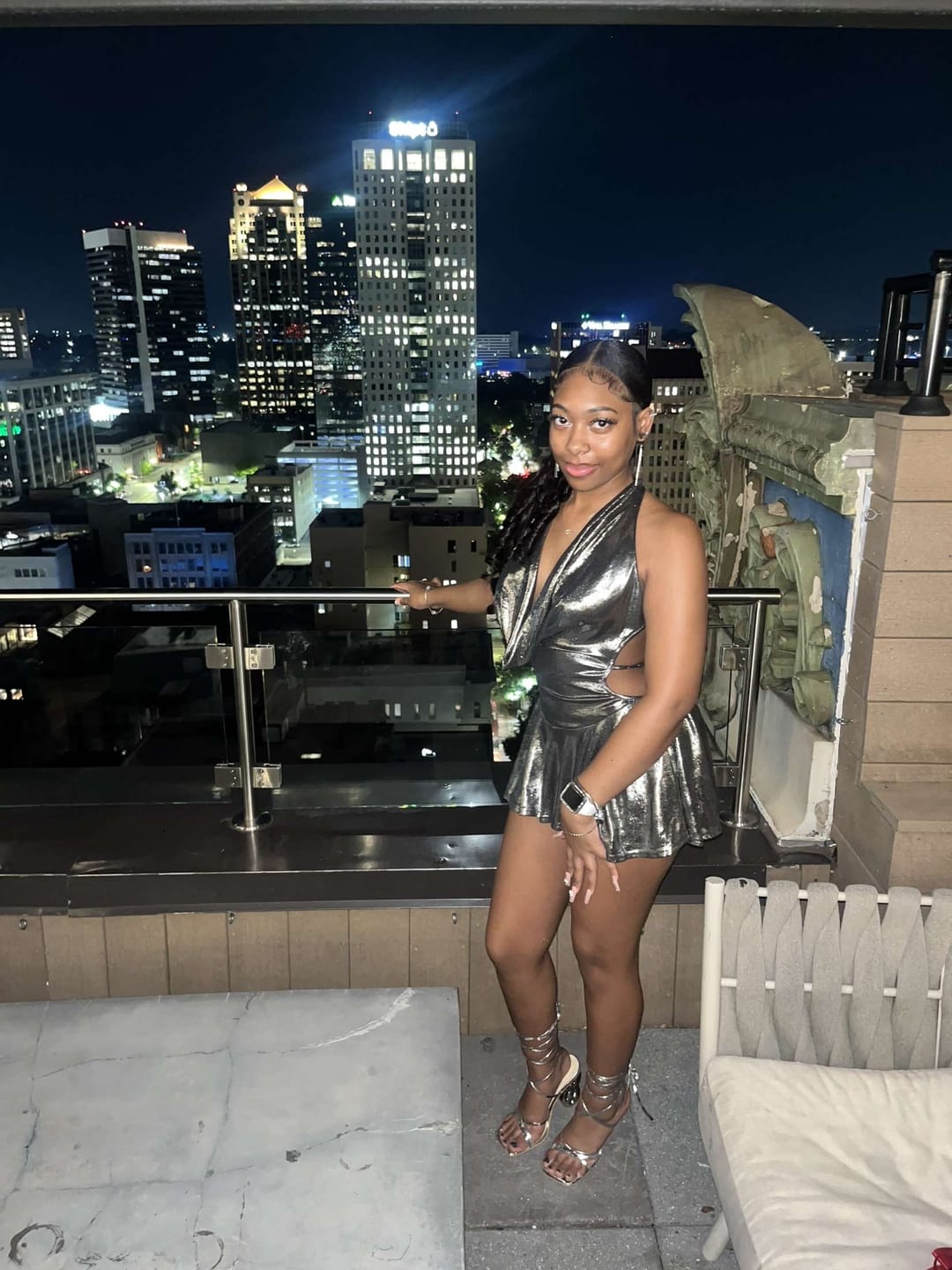 Customer photo review of Lilybeth Foil Halter Flare Mini Dress