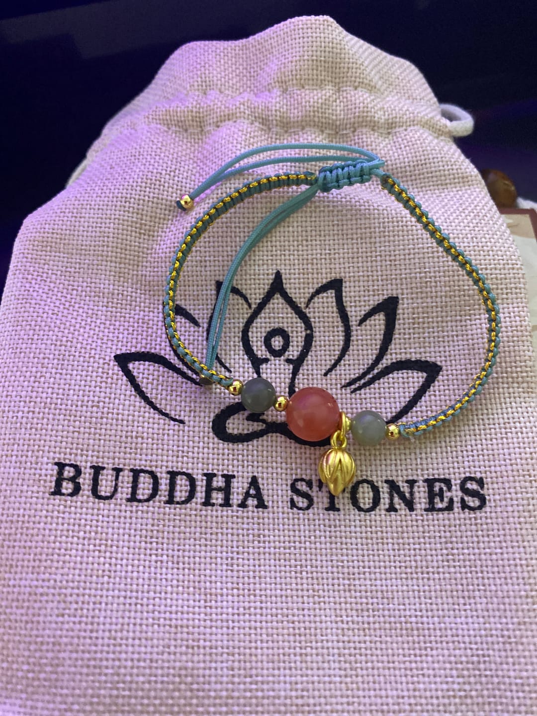 Customer photo review of Buddha Stones Red Agate Jade Lotus Confidence Calm String Bracelet