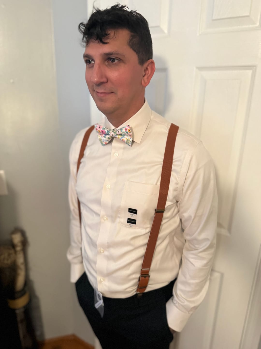 Customer photo review of Wonderland Garden Bow Tie & Cognac Buckle Suspenders Set