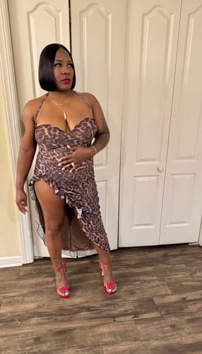 Customer photo review of Karter Mesh Leopard Ruffle Maxi Dress