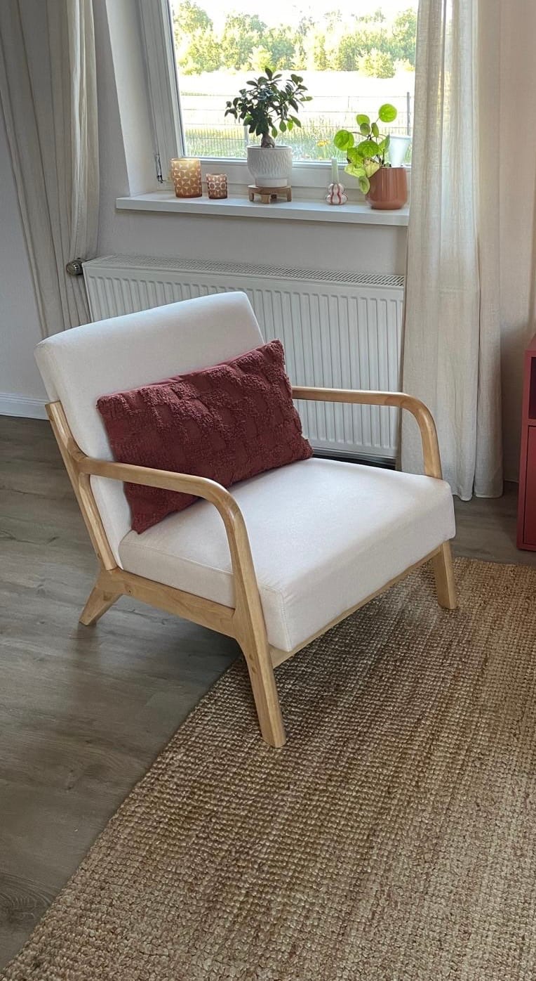 Customer photo review of OHAMA - Fauteuil de salon en bois massif et tissu beige
