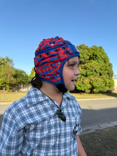 Customer photo review of Madison Kalyn Ponga Headgear (Blue/Red)