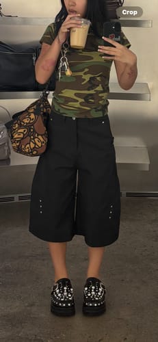 Customer photo review of American Draped Studded Curved Blade Casual Shorts