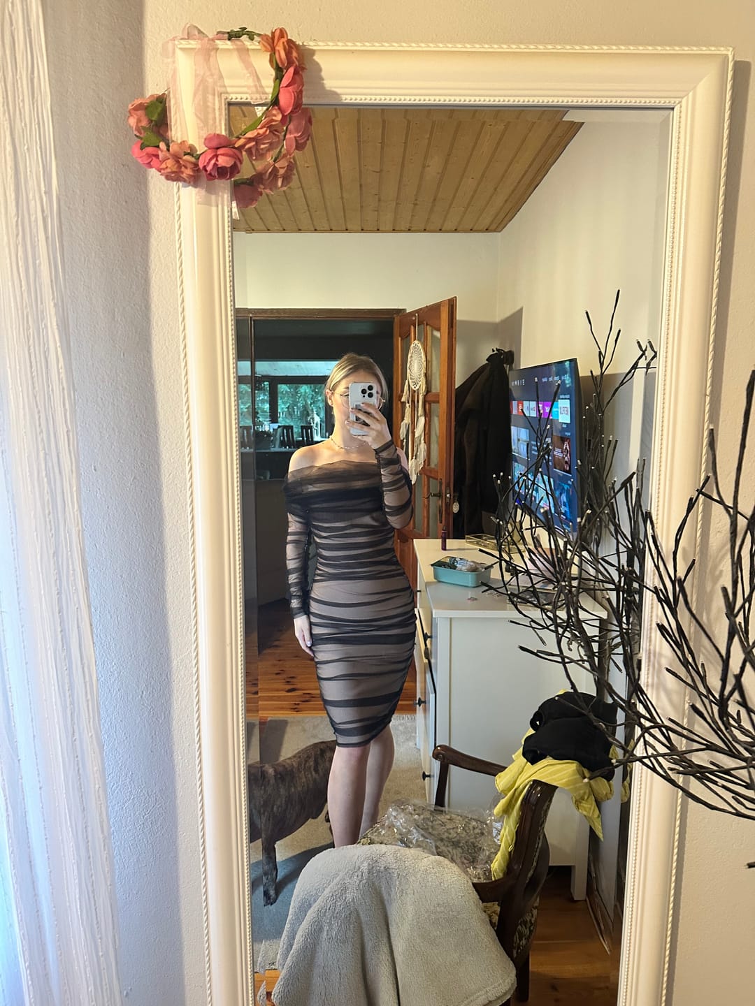 Customer photo review of Rowena Ruched Mesh Bandage Midi Dress - Black